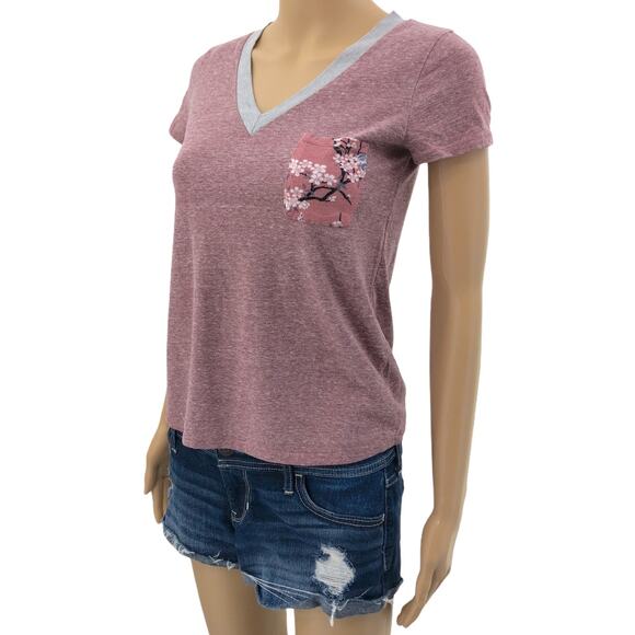 Double Zero (S) Heather Pink Floral Pen Pocket Tee V-neck Shirt Top Short Sleeve - Picture 1 of 7